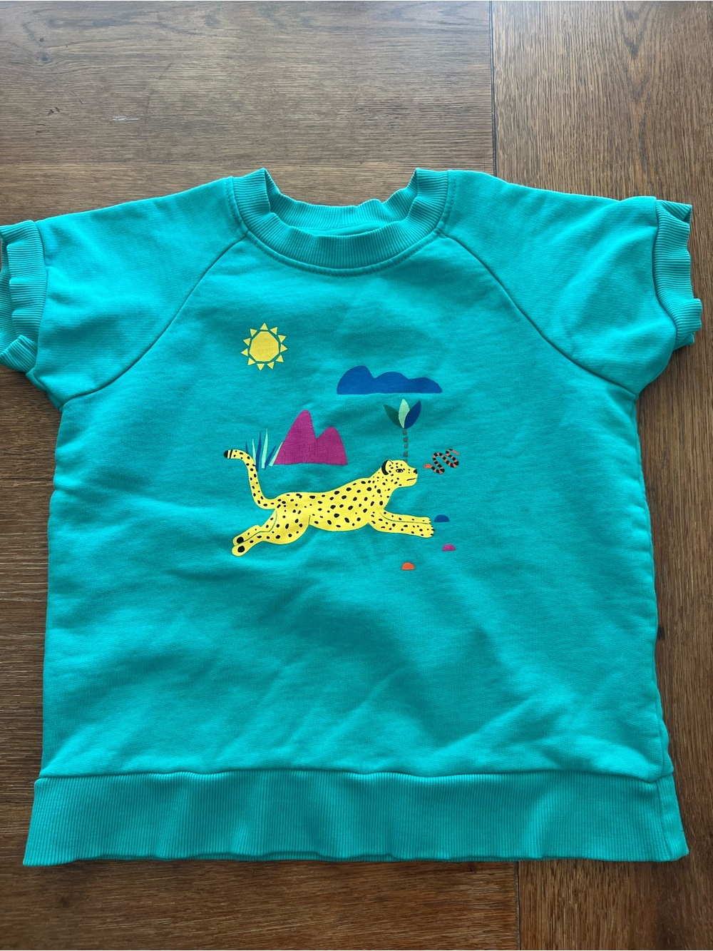 Hanna Andersson Turquoise Short-Sleeve Sweatshirt with Yellow Leopard Graphic